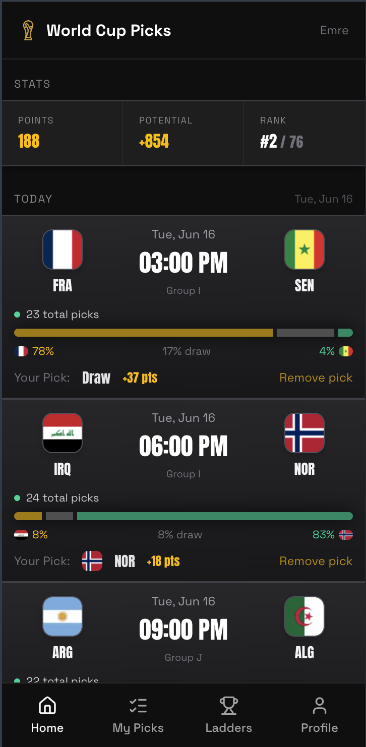World Cup Picks mobile view